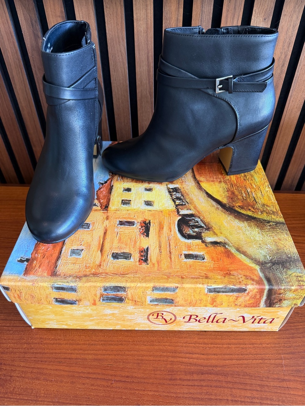 Bella Vita Black Leather Ankle Booties with Side Buckle